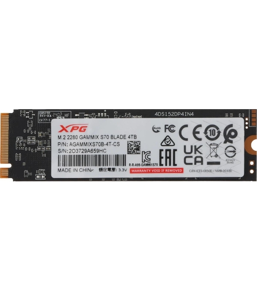 Накопитель SSD ADATA XPG BLADE S70, 4Tb, PCIe 4.0 x4, M.2 2280, NVMe, R/W 7400/6600, с радиатором
