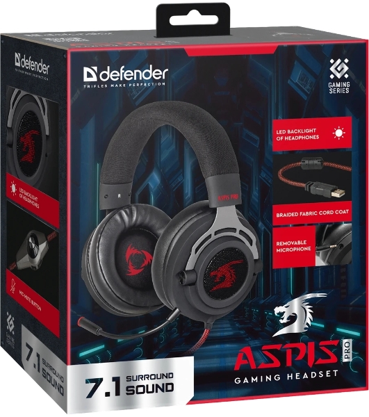 Гарнитура Defender Aspis Pro чёрный, проводная, съёмный микрофон, подсветка