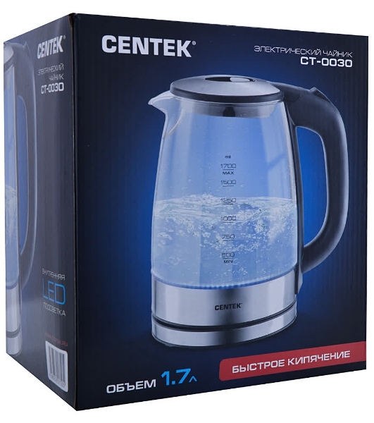 Электрочайник Centek CT-0030 черный, 1.7 л, 2200 Вт, скрытый нагревательный элемент