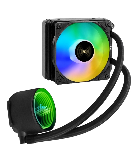 Комплект жидкостного охлаждения ExeGate BlackWater-120V3.PWM.RGb (RGb подсветка, LGA2066/2011/1366/1150/1151/1155/1156/1200/1700/1851/AM4/AM5/FM1/FM2/FM2+/AM2/AM2+/AM3/AM3+, TDP 150W, Fan 120мм 4pin PWM 600-1800RPM Hydro bearing, помпа 3pin 2700RPM, макс. шум 37db, с термопастой, на винтах, черный, Color Box)