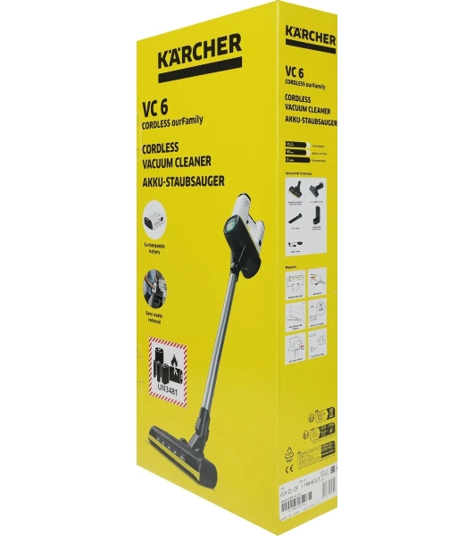 Пылесос вертикальный Karcher VC 6 Cordless ourFamily белый/черный, питание от аккумулятора, 250 Вт, уборка сухая, пылесборник 0.8 л, работа от АКБ max - 50 мин