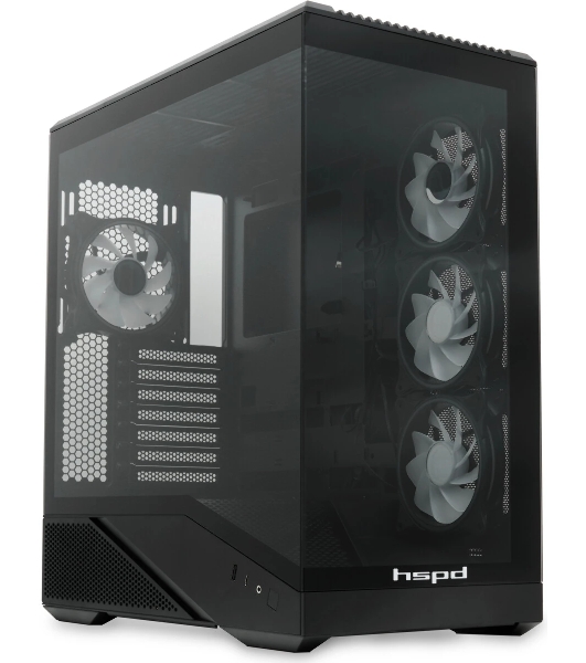 Компьютерный корпус без блока питания HSPD F711-TGbK-ARGB, Panoramic Full Tower, черный, TG, 0.7 SPCC, 4x120мм ARGB ATX, mATX, mITX 190/420/280мм 2x2.5', 2x3.5', 7xPCI 1xUSB-A 3.0, 1xUSB-C 445x235x475мм