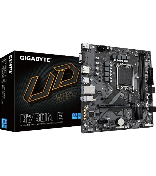 Материнская плата Gigabyte B760M E, LGA 1700, Intel B760, 2xDDR5, 4xSATA, 2xM.2, 1xPCIe 4.0 x16, 1xPCIe x1, 1xVGA, 1xHDMI, 1xDP, 1x1Gb LAN, 4xUSB-A 5Gbps, 2xUSB-A 2.0, 3x3.5 мм, 7.1, mATX
