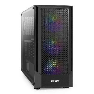 Компьютерный корпус Miditower ExeGate EVO-8227 (ATX, без БП, 2хUSB+1хUSB 3.0+HD Audio, черный, 3 вент. с RGb подсветкой, боковая панель - закаленное стекло)