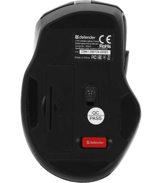 Мышь беспроводная Defender Prime MB-053 черный, 1600 dpi, радиоканал, USB, кнопки - 6
