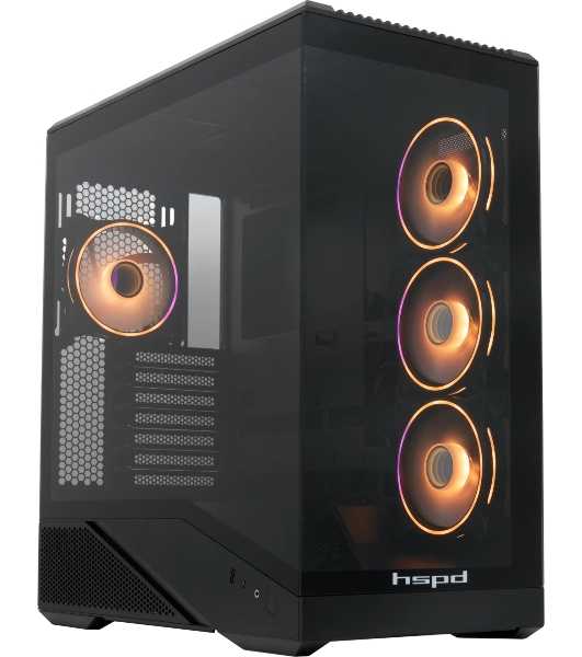 Компьютерный корпус без блока питания HSPD F711-TGbK-ARGB, Panoramic Full Tower, черный, TG, 0.7 SPCC, 4x120мм ARGB ATX, mATX, mITX 190/420/280мм 2x2.5', 2x3.5', 7xPCI 1xUSB-A 3.0, 1xUSB-C 445x235x475мм