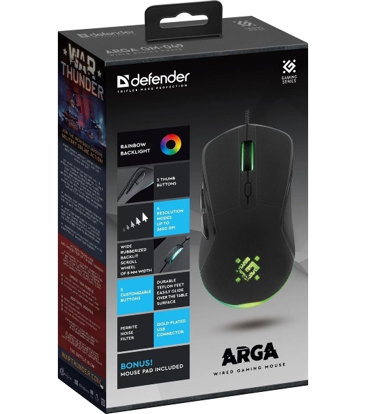 Мышь проводная Defender Arga GM-049 черный, 3600 dpi, USB, кнопки - 6