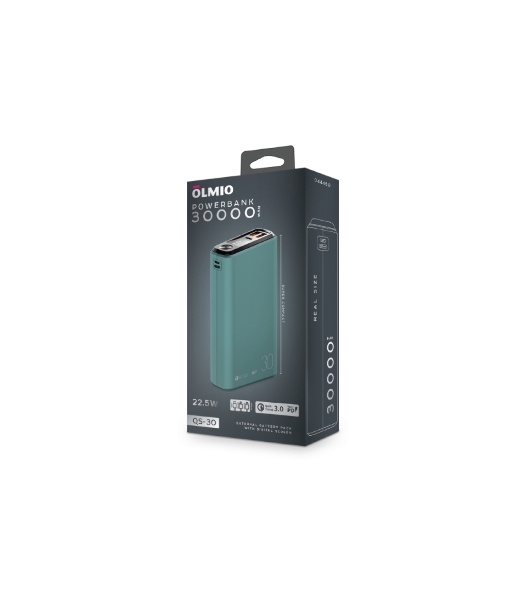 Портативный аккумулятор OLMIO QS-30, 30000mAh, 22.5W, QuickCharge3.0/PowerDelivery, LCD, темно-зеленый