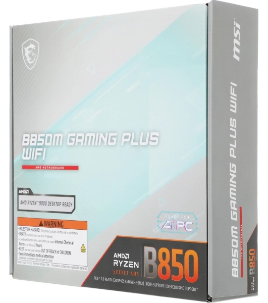 Материнская плата MSI B850M GAMING PLUS WIFI, AM5, AMD B850, 4xDDR5, 4xSATA, 2xM.2, 1xPCIe 5.0 x16, 1xPCIe 4.0 x4, 1xPCIe 3.0 x1, 1xDP, 1xHDMI, 1x5Gb LAN, Wi-Fi 7, Bluetooth 5.4, 3xUSB-C 10Gbps, 3xUSB-A 10Gbps, 3xUSB-A 5Gbps, 3x3.5 мм, 7.1, mATX