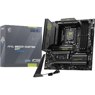 Материнская плата MSI MAG B860M MORTAR WIFI, LGA 1851, Intel B860, 4xDDR5 (до 256 ГБ), 4xSATA, 3xM.2 (1xPCIe 5.0, 2xPCIe 4.0), 1xPCIe 5.0 x16, 1xPCIe 4.0 x4, 1xHDMI, 1xDP, 1x5Gb LAN, Wi-Fi 7, Bluetooth 5.4, 1xUSB-C 40Gbps (Thunderbolt 4), 1xUSB-C 10Gbps, 3xUSB-A 10Gbps, 4xUSB-A 2.0, 3x3.5 мм + S/PDIF оптический, 7.1, чёрный, mATX
