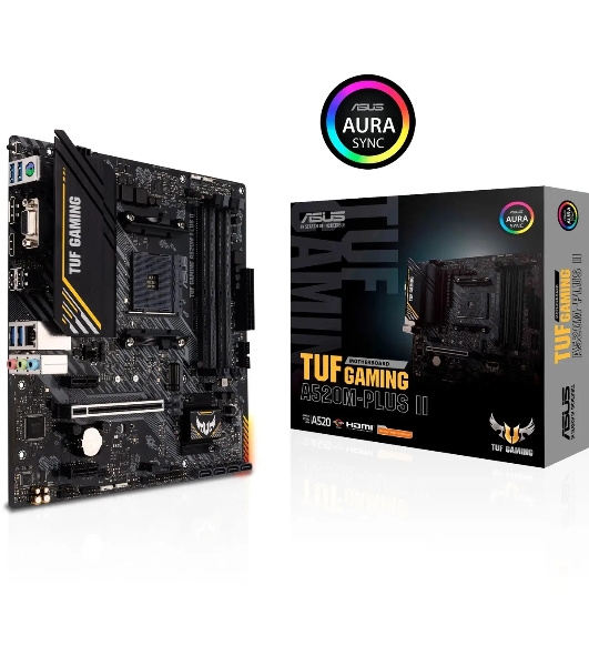 Материнская плата ASUS TUF GAMING A520M-PLUS II, AM4, AMD A520, 4xDDR4, 4xSATA, 1xM.2, 1xPCI-E 3.0 x16, 2xPCI-E x1, 1xHDMI, 1xDP, 1xVGA, 1x 1Gb LAN, 4xUSB 3.2 Gen 1, 2xUSB 2.0, 3x3.5 мм, 7.1, Micro-ATX