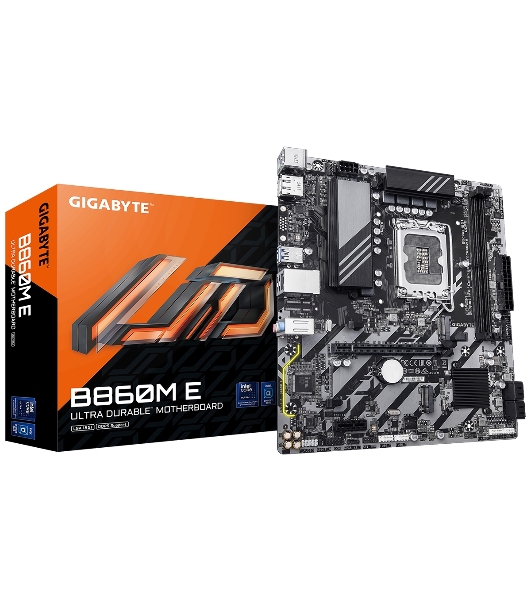 Материнская плата Gigabyte B860M-E, LGA 1851, Intel B860, 2xDDR5, 4xSATA, 2xM.2, 1xPCIe 4.0 x16, 1xPCIe x1, 1xHDMI, 1xDP, 1x1Gb LAN, 4xUSB-A 5Gbps, 2xUSB-A 2.0, 1xPS/2, 3x3.5 мм, 7.1, mATX