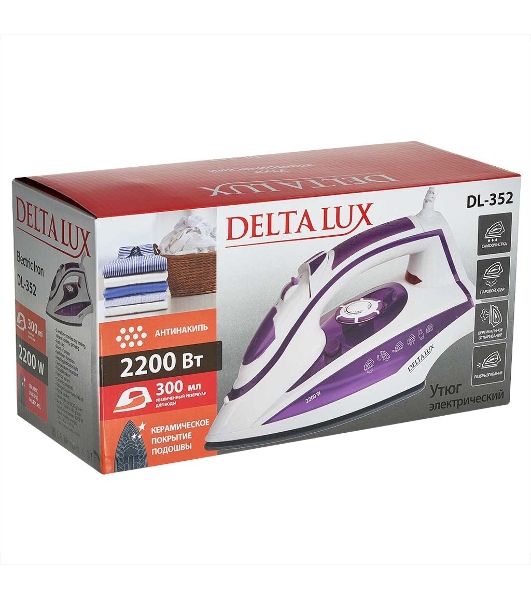 Утюг Delta LUX DL-352 белый с фиолетовым, 2200 Вт, 30 г/мин, 140 г/мин, 300 мл