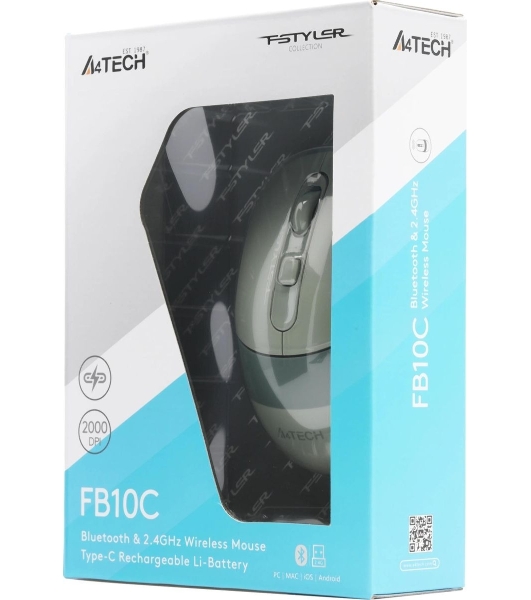 Мышь беспроводная A4Tech Fstyler FB10C зеленый, 2000 dpi, радиоканал, Bluetooth, USB, кнопки - 4