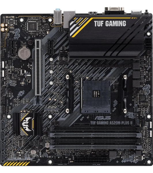 Материнская плата ASUS TUF GAMING A520M-PLUS II, AM4, AMD A520, 4xDDR4, 4xSATA, 1xM.2, 1xPCI-E 3.0 x16, 2xPCI-E x1, 1xHDMI, 1xDP, 1xVGA, 1x 1Gb LAN, 4xUSB 3.2 Gen 1, 2xUSB 2.0, 3x3.5 мм, 7.1, Micro-ATX