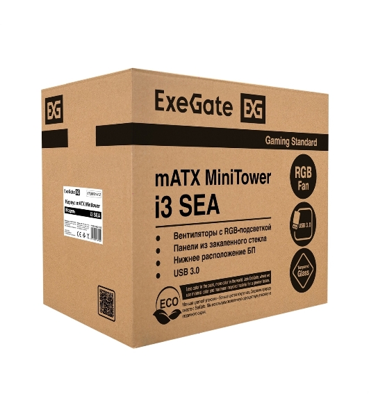 Компьютерный корпус Minitower ExeGate i3 SEA-NPX650 (mATX, БП 650NPX, 2*USB+1*USB 3.0, HD аудио, черный, 1 вент. 12см с RGB подсветкой, передняя и боковая панели - закаленное стекло)