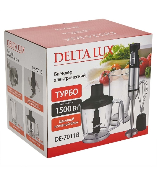 Блендер погружной Delta Lux DE-7011B черный 1500 Вт, ТУРБО, измельчитель, стакан, венчик (8)