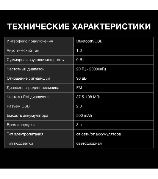 Колонка портативная Hyundai H-PS1000 черный 9 Вт 1.0 BT/USB 10м 500mAh