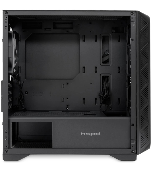 Компьютерный корпус без блока питания HSPD M321, Mesh Mini-tower, черный, slide TG, 0.45 SPCC, 2x140мм ARGb+1x120мм ARGb mATX, mITX 160/340/184мм 2x2.5', 2x3.5', 4xPCI 2xUSB-A 3.0, 1xUSB-A 1.0 390x200x385мм