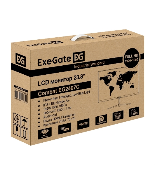 Монитор 23.8' ExeGate Combat EG2407C IPS 1920x1080, 165 Гц, 1 мс, 16:9, 300 кд/м2, 1xHDMI, 1xDP, 1x3.5 мм, черный