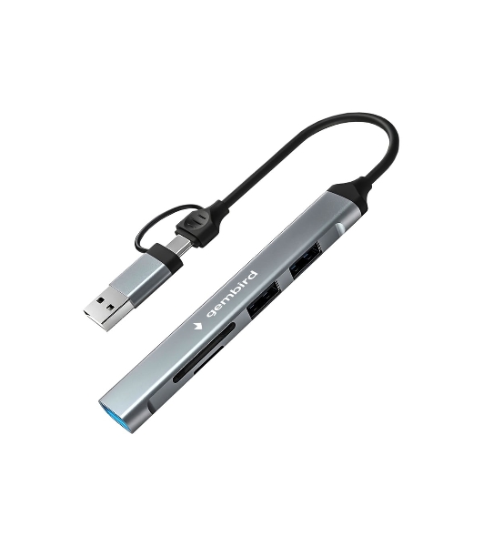 Кард-ридер Type-C/USB-A (3.1) Gembird 5в1: 2xUSB 2.0, USB3.1, SD/TF, кабель 10 см, алюминий