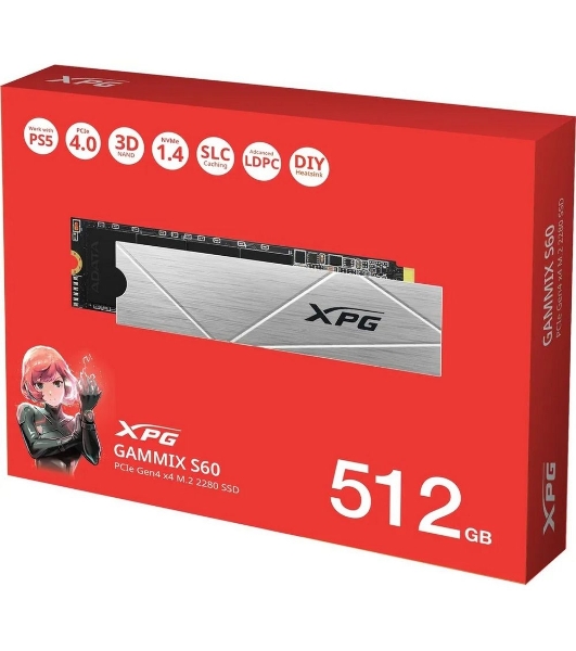 Накопитель SSD ADATA XPG GAMMIX S60, 512Gb, PCIe 4.0 x4, M.2 2280, NVMe, R/W 4700/1700, с радиатором