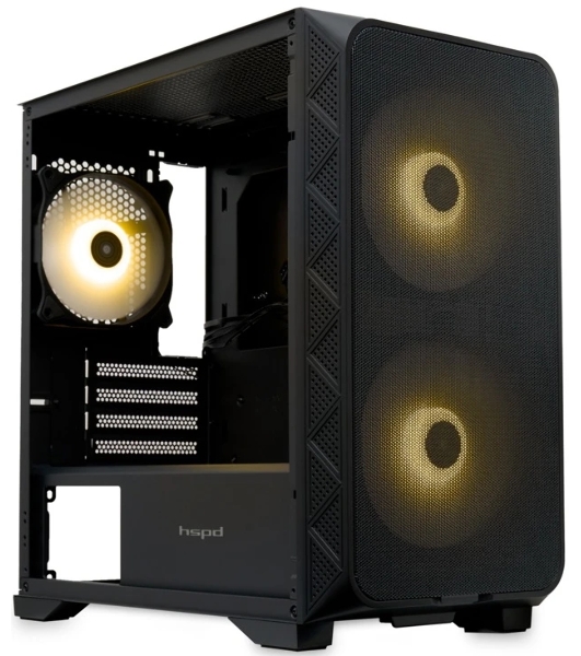 Компьютерный корпус без блока питания HSPD M321, Mesh Mini-tower, черный, slide TG, 0.45 SPCC, 2x140мм ARGb+1x120мм ARGb mATX, mITX 160/340/184мм 2x2.5', 2x3.5', 4xPCI 2xUSB-A 3.0, 1xUSB-A 1.0 390x200x385мм