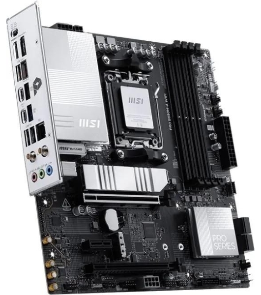 Материнская плата MSI PRO B850M-A WIFI, AM5, AMD B850, 4xDDR5, 4xSATA, 2xM.2, 1xPCIe 5.0 x16, 1xPCIe 4.0 x4, 1xPCIe 3.0 x1, 1xHDMI (v2.1), 1xDP (v1.4), 1x5Gb LAN, Wi-Fi 7, Bluetooth 5.4, 2xUSB-C 10Gbps, 3xUSB-A 10Gbps, 3xUSB-A 5Gbps, 2x3.5 мм, 7.1, mATX