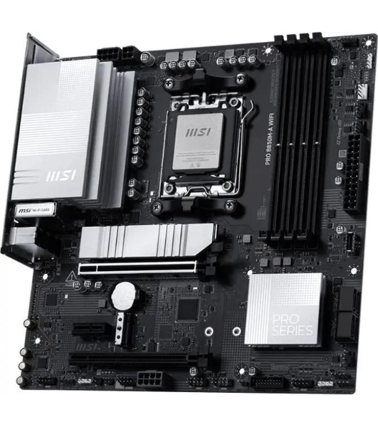 Материнская плата MSI PRO B850M-A WIFI, AM5, AMD B850, 4xDDR5, 4xSATA, 2xM.2, 1xPCIe 5.0 x16, 1xPCIe 4.0 x4, 1xPCIe 3.0 x1, 1xHDMI (v2.1), 1xDP (v1.4), 1x5Gb LAN, Wi-Fi 7, Bluetooth 5.4, 2xUSB-C 10Gbps, 3xUSB-A 10Gbps, 3xUSB-A 5Gbps, 2x3.5 мм, 7.1, mATX