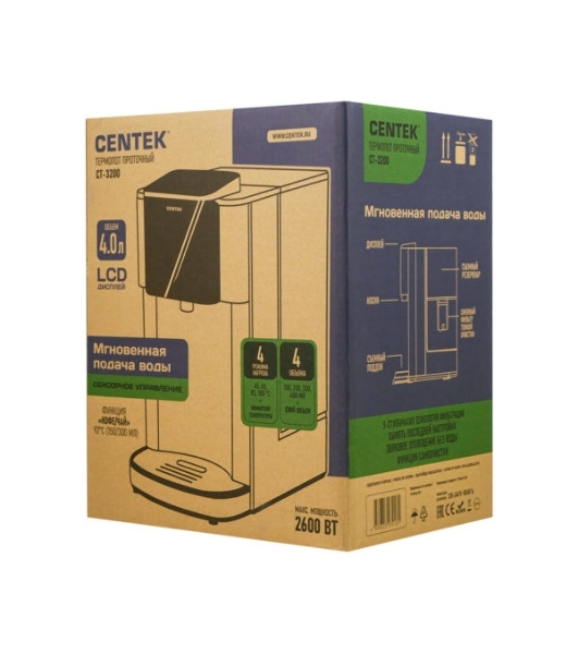 Термопот CENTEK CT-3200 проточный,4л, 2600 Вт, 4 режима нагрева, СЕНСОР LCD дисплей, функ.самоочистки