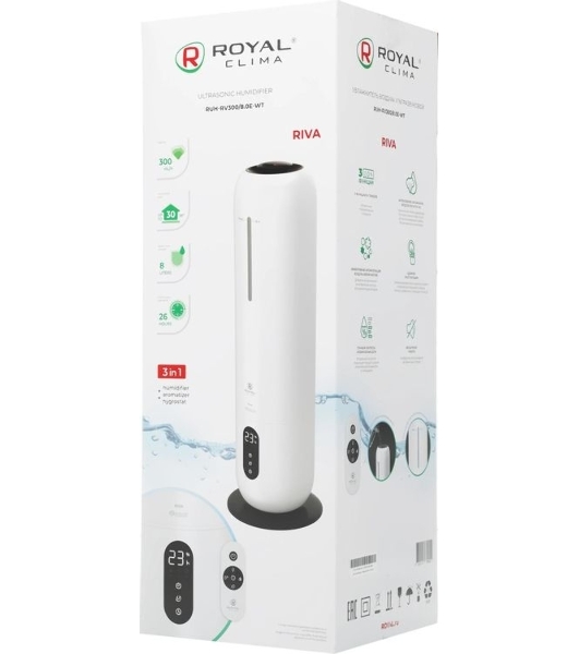 Увлажнитель воздуха Royal Clima RIVA RUH-RV300/8.0E-WT белый, 30 м², 8 л, ультразвуковой, гигростат, ароматизация, пульт ДУ, ночной режим, верхний залив воды