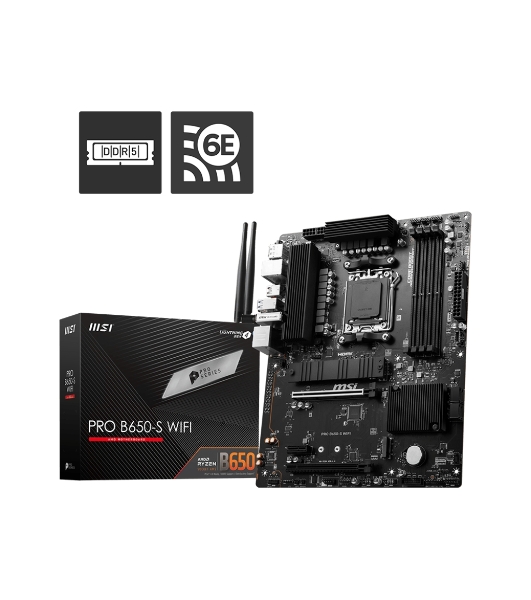 Материнская плата MSI PRO B650-S WIFI, AM5, AMD B650, 4xDDR5, 4xSATA, 2xM.2, 1xPCI-E 4.0 x16, 1xPCI-E 4.0 x4, 1xHDMI, 1xDP, 1x2.5Gb LAN, 3xUSB 3.2 Gen 1, 3xUSB 3.2 Gen 2, 6x3.5 мм, 7.1, Standard-ATX
