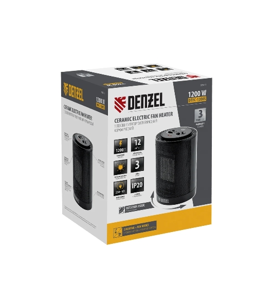 Тепловентилятор керамический Denzel DTFC-1200S, черный, 600/1200 Вт, 12 м2, 3 режима, термостат