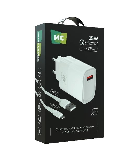Сетевое зарядное устройство MORE CHOICE (4620202553423) NC09m 1USB 3.0A QC3.0 15W, белый