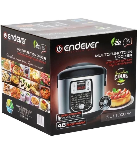 Мультиварка Endever Vita-95, мощность 1000 Вт, черный/стальной, емкость 5л, 45 авторежимов работы, книга рецептов