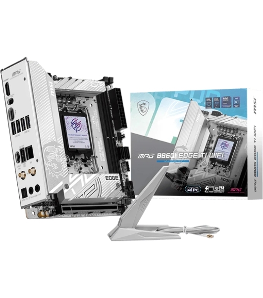Материнская плата MSI MPG B860I EDGE TI WIFI, LGA 1851, Intel B860, 2xDDR5 (до 128 ГБ), 2xSATA, 2xM.2 (1xPCIe 5.0, 1xPCIe 4.0/SATA), 1xPCIe 5.0 x16, 1xHDMI, 1x5Gb LAN, Wi-Fi 7, Bluetooth 5.4, 1xUSB-C 40Gbps (Thunderbolt 4), 1xUSB-C 10Gbps, 1xUSB-A 10Gbps, 4xUSB-A 5Gbps, 2xUSB-A 2.0, 3x3.5 мм + S/PDIF оптический, 7.1, белый/серебристый, Mini-ITX