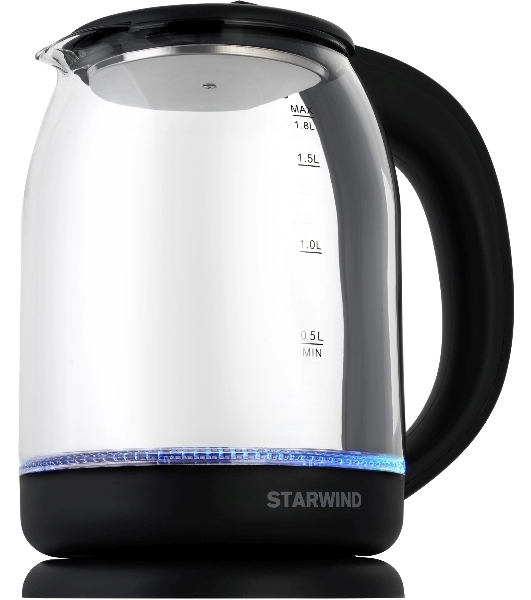 Электрочайник Starwind SKG1779 прозрачный/черный, 1.8 л, 1700 Вт, скрытый нагревательный элемент
