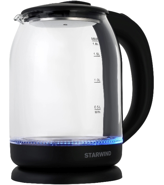 Электрочайник Starwind SKG1779 прозрачный/черный, 1.8 л, 1700 Вт, скрытый нагревательный элемент