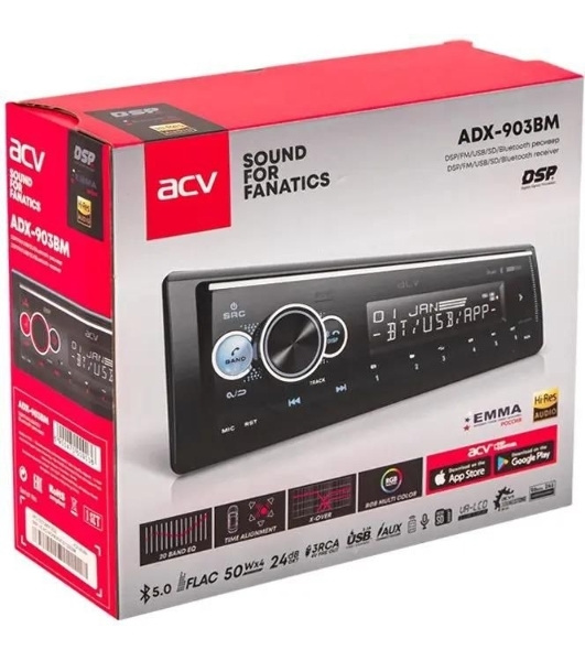 Автомагнитола ACV ADX-903BM, 1 DIN, Bluetooth, USB Type-A, AUX, пульт ДУ