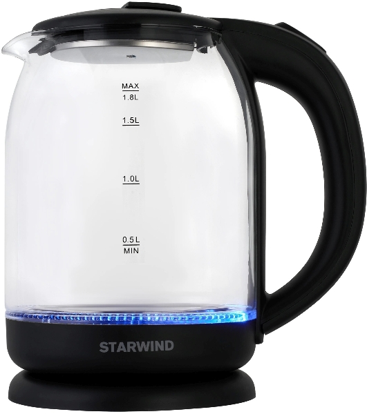 Электрочайник Starwind SKG1779 прозрачный/черный, 1.8 л, 1700 Вт, скрытый нагревательный элемент