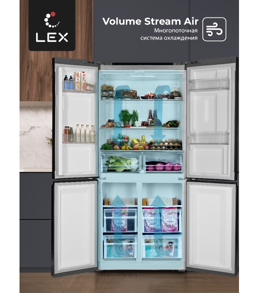 Холодильник LEX LCD432GrID серый трехкамерный 272/147л морозилка снизу