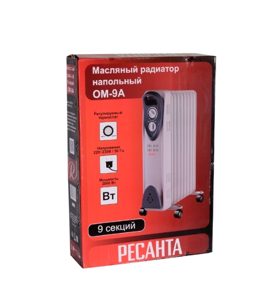 Обогреватель масляный Ресанта ОМ-9А (9 секций), белый, 2000 Вт, 20 м2, термостат 67/3/16