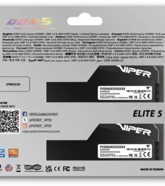 Оперативная память Patriot Viper Elite 5 Ultra, DDR5, 64GB (2x32GB), 6000 MHz, CL28, с радиатором, чёрный
