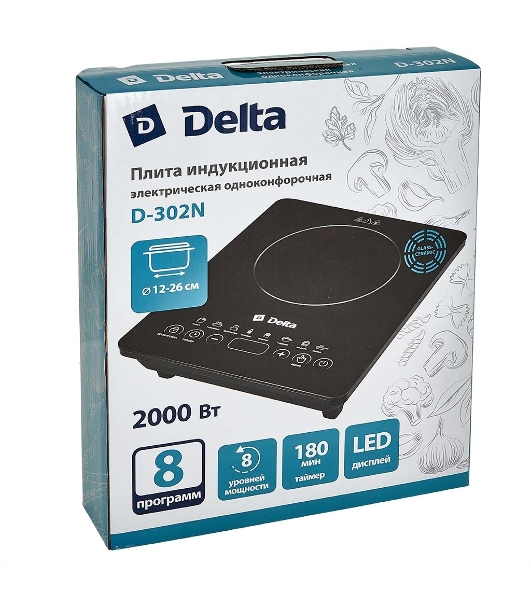 Плита настольная электрическая DELTA D-302N черный, 2 кВт, индукция, конфорки - 1, стеклокерамика, сенсор