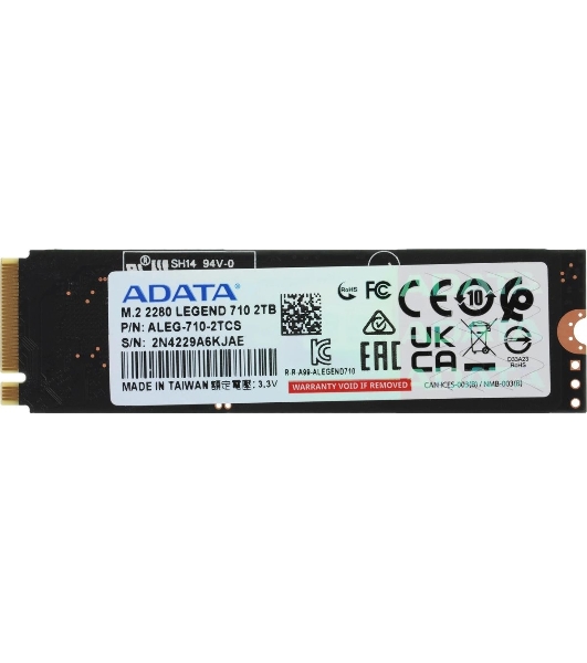 Накопитель SSD ADATA LEGEND 710, 2Tb, PCIe 3.0 x4, M.2 2280, NVMe, R/W 2400/1800, с радиатором