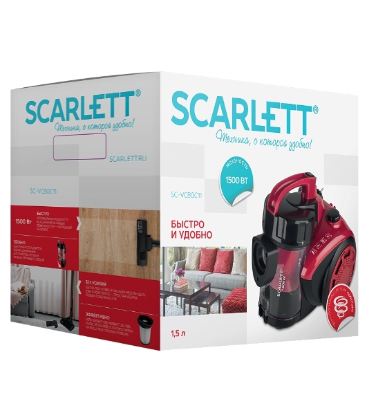 Пылесос Scarlett SC-VC80C11 красный/черный, 320/1500 Вт, уборка сухая, пылесборник контейнер 1.5 л