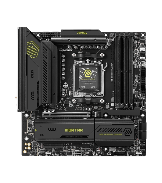 Материнская плата MSI MAG B850M MORTAR WIFI, AM5, AMD B850, 4xDDR5, 4xSATA, 3xM.2, 1xPCIe 5.0 x16, 1xPCIe 4.0 x4, 1xHDMI, 1x5Gb LAN, Wi-Fi 7, Bluetooth 5.4, 1xUSB-C 40Gbps, 1xUSB-C 20Gbps, 5xUSB-A 10Gbps, 2xUSB-A 5Gbps, 4xUSB-A 2.0, 1xS/PDIF, 2x3.5 мм, 7.1, mATX