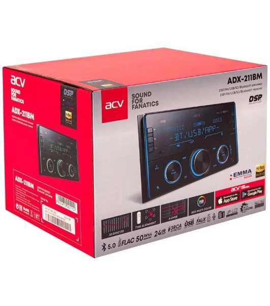 Автомагнитола ACV ADX-211BM, 2 DIN, Bluetooth, USB Type-A, AUX, пульт ДУ