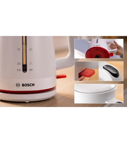 Электрочайник Bosch TWK3M121 белый, 1.7 л, 2400 Вт, скрытый нагревательный элемент