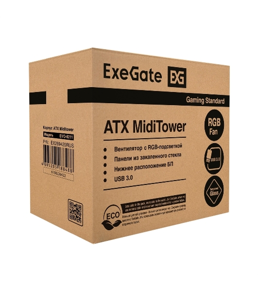 Компьютерный корпус Miditower ExeGate EVO-9211-600NPX (ATX, БП 600NPX с вент. 12см, с окном, 2хUSB+1хUSB3.0, HD аудио, черный, 1 вент. с RGb подсветкой)